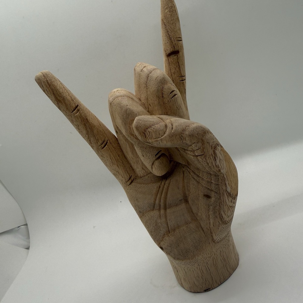 Carved Wooden Rock On Longhorns Hand Gesture Statue Natural Finish Home Decor UT